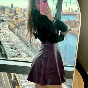 Wine-Purple Faux Leather Pinafore Dress with Side Buttons & Back Bow